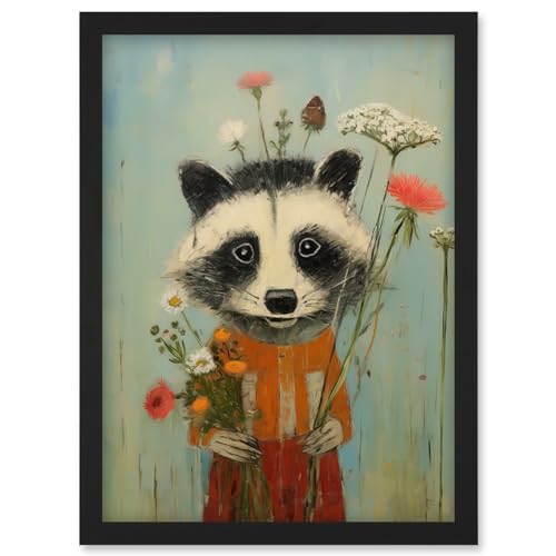 Artery8 Cute Racoon Picking Wildflowers for a Spring Bouquet Oil Painting Amber Orange Baby Blue Kids Bedroom Artwork Framed Wall Art Print A4