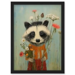 Artery8 Cute Racoon Picking Wildflowers for a Spring Bouquet Oil Painting Amber Orange Baby Blue Kids Bedroom Artwork Framed Wall Art Print A4