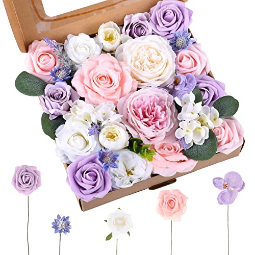 Jspupifip Artificial Flowers Combo Box Set,Fake Silk Flowers Arrangement Bouquets with Stem Leaf for DIY Wedding Flower Centerpiece Wedding Centerpieces, Pink and Purple