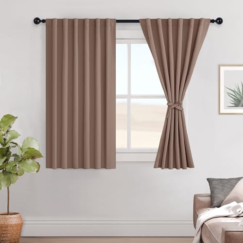 Hiasan Mocha Blackout Curtain Tiers for Small Window, 52 x 45 Inches Long - Rod Pocket and Back Tab Thermal Insulated & Energy Saving Window Curtains for Bedroom, 2 Drape Panels Sewn with Tiebacks