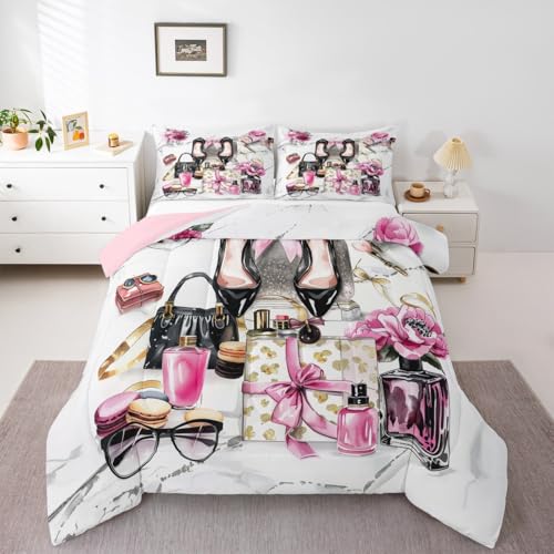 Erosebridal Pink Comforter Full Size Cute Flower Girly Bedding Set Bow Coquette Sweet Bed Sets Modern Magazine Silver High Heel Girls Women Duvet Insert Preppy Makeup Romantic Fantasy Room Decor