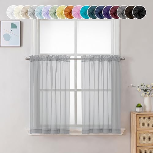 Chyhomenyc Light Grey Sheer Curtains 36 inch Length 2 Panels, Light Filtering Voile Rod Pocket Short Window Curtians for Bathroom Living Room Farmhouse Small Windows, 42Wx36L inches