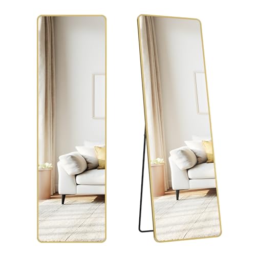 SONGMICS Full Length Mirror, 150 x 40 cm, Rectangle Full Body Mirror with Stand, Aluminium Alloy Frame Floor Mirror, Tempered Glass, for Bedroom, Living Room, Cloakroom, Pale Gold LFM034AB01