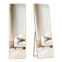 SONGMICS Full Length Mirror, 150 x 40 cm, Rectangle Full Body Mirror with Stand, Aluminium Alloy Frame Floor Mirror, Tempered Glass, for Bedroom, Living Room, Cloakroom, Pale Gold LFM034AB01