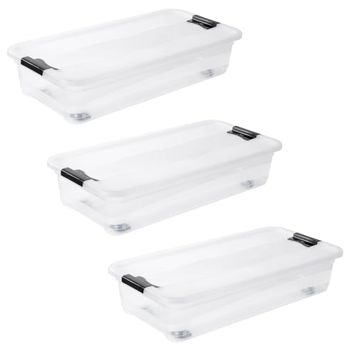 keeeper Konrad 3 x Storage Box with Wheels, Lid and Sliding Closure, 79.5 x 39.5 x 18 cm, 33 L, Transparent