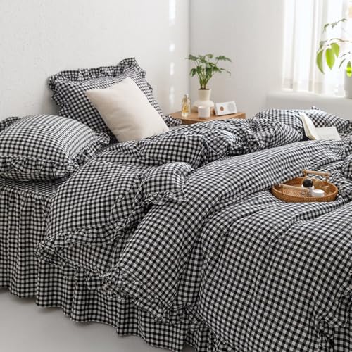 mixinni Black White Gingham Ruffle Duvet Cover Full Size 3 Pieces ??? 100% Washed Cotton, Vintage Plaid Ruffled Bedding Set with Zipper Ties, Soft Checkered Grid Farmhouse Chic Comforter Cover Set