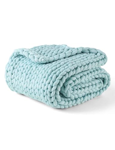 YnM Chunky Throw Blanket, Medium-Weight, Hand Knitted, Skin Friendly, Ventilated and Breathable, Machine Washable, Home D??cor Piece for Couch, Sofa and Bed (Aqua Blue, 40x50 Inch)