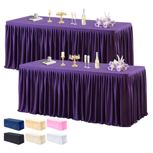 PARTISKY 2 Pack Purple Tablecloths for Rectangle Tables 8ft, Wrinkle Resistant Spandex Table Cover Fitted Stretch Table Cloth with Pleated Ruffle Skirts for Party Banquet Dining Birthday Wedding
