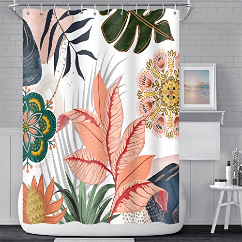 Umpoo Abstract Mid Century Bathroom Curtain Colorful Boho Tropical Leaves Shower Curtain with Hooks Polyester Waterproof Fabric Home Bathtub Decorative, 69x70 Inch