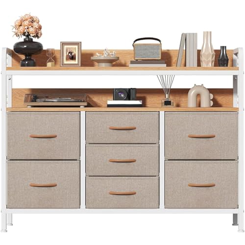 Feonase Chest of Drawers Bedroom, Fabric Dresser with 7 Drawers, Storage Dresser with 2 Layer Shelves, Tall Storage Organizer Unit with Steel Frame, for Bedroom, Living Room, Hallway, Beige