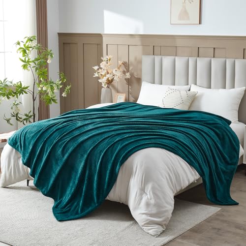 "NEWCOSPLAY Super Soft King Blanket Dark Teal Premium Silky Flannel Fleece Leaves Pattern Lightweight Bed Blanket All Season Use (Dark Teal, King(90""x110""))"