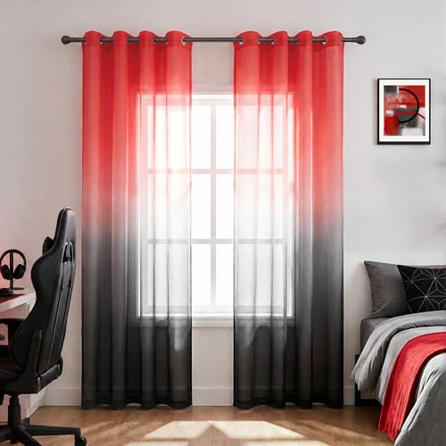 KOUFALL Red Curtains for Bedroom Living Room 84 Inches Long,Sheer Gothic Curtains for Black and Red Room Decor