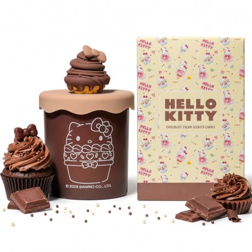 Hello Kitty Bakery Chocolate Cream Scented Candle with Decorative Silicone Cupcake Lid – Cozy Aroma, Reusable Brown Glass Jar