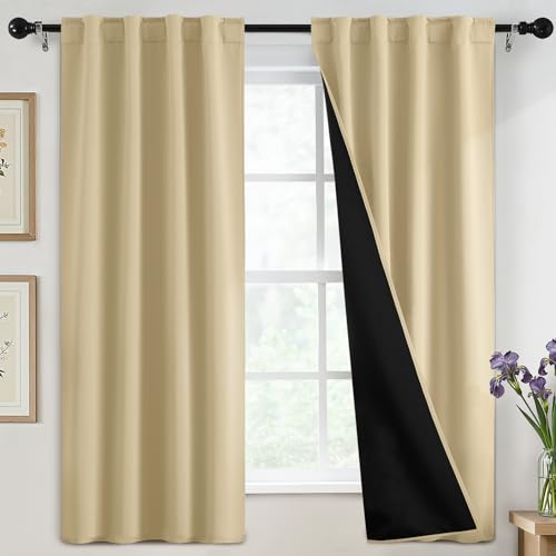 SimpleHome 100% Blackout 63 Inch Beige Curtains for Living Room - Curtains for Bedroom,Rod Pocket and Back Tab Window Drapes,Room Darkening Curtains with Black Back,40 x 63 Inch,2 Panels