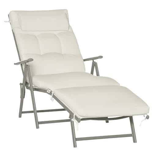 Outsunny Sun Lounger Steel Frame Outdoor Folding Chaise Texteline Lounge Chair Recliner with Headrest & 7 Levels Adjustable Backrest, Cream White