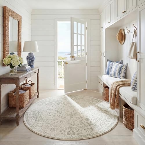 SAFAVIEH Distressed Rug for Living Room, Dining Room, Bedroom - Adirondack Collection, Short Pile, in Ivory and Sage, 70 X 122 cm