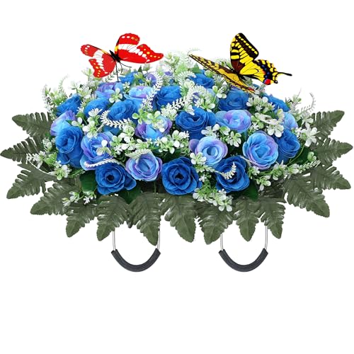 Lodou Artificial Cemetery Flowers for Grave,Large Headstone Flower Saddle Realistic Grave Flowers Memorial Silk Rose Flowers with Butterflies for Headstone Grave Decoration Non-Fading Easy Fit (Blue)