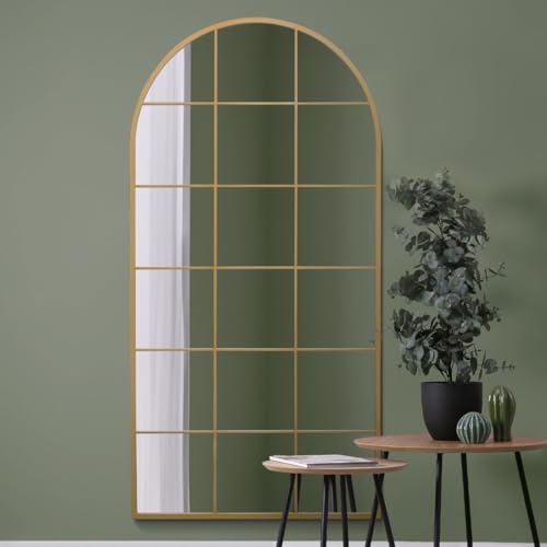 "MirrorOutlet The Fenarc - Gold Metal Framed Modern Arched Wall Leaner WIndow Mirror 71"" X 35"" (180CM X 90CM) Black. 2cm Wide Frame and 3cm Deep. Perfect for Home and Garden"