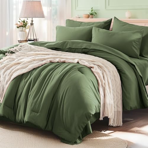 Anluoer King Size Comforter Set 7 Pieces, Olive Green Bed in a Bag Bedding Set with 1 Comforter, 2 Pillow Shams, 2 Pillowcases, 1 Flat Sheet, 1 Fitted Sheet