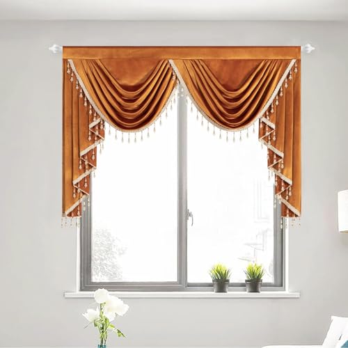 VOGOL Orange Velvet Waterfall Valance, Rod Pocket, 59 x 43, 1 Panel - Compact Window Styling, Soft Velvet Look, Layered Swag Design, Fits Living Room Small Windows
