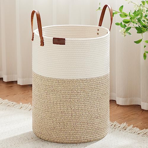 VIPOSCO Tall Laundry Basket, Large Dirty Clothes Hamper with Leather Handle, Woven Rope Storage Basket for Blanket, Toy In Living Room, Bathroom, Bedroom - 100L White & Brown