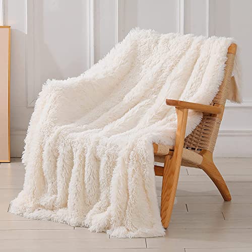 "Tuddrom Decorative Extra Soft Faux Fur Blanket Twin Size 70"" x 78"",Solid Reversible Fuzzy Fluffy Cozy Plush Blanket for Couch Sofa Bed,Cream White"