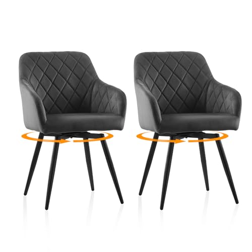 TUKAILAi Dining Chairs Set of 2 Grey Velvet Swivel Thickened Upholstered Desk Chair with Arms and Metal Legs for Home Office Living Room Kitchen Bedroom Vanity