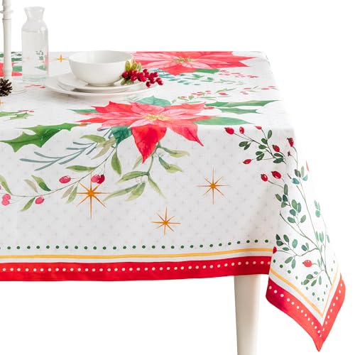 Maison d' Hermine Table Cloth Rectangle Table 100% Cotton 54 x 72 Inches Tablecloth Reusable Decorative Everyday Use for Dining Room, Farmhouse, Home, Party, Festive & Wedding - Poinsettia Christmas