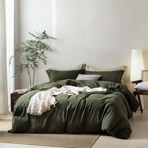 BDEAR 3 Pieces Olive Green Duvet Cover Set Oversized King Size 120'' W x 98'' L, 100% Washed Cotton Duvet Cover with Zipper Closure Plus 2 Pillowcases, Oeko TEX Standard 100 Certificated, Cozy Feel