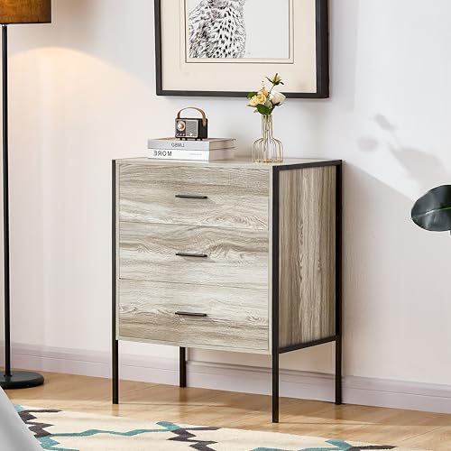 Vida Designs Brooklyn Industrial Chest of Drawer Rustic Bedroom Storage Unit, Cabinet Dresser with Metal Frame (Grey, 3 Drawer)