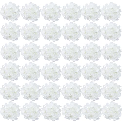 FagusHome Silk Hydrangea Heads 36 Pcs Artificial Flowers Heads and 3 Dozens Stems Fake Hydrangea Flowers with Stems for Home Wedding Decor (Pure White)