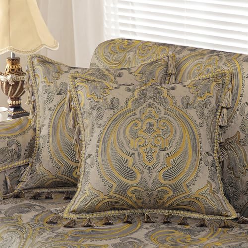 Loom and Mill 1 Piece Luxury Throw Pillow Covers 20x20 Inch, European Antique Decorative Pillow Cover with Tassels, Royal Jacquard Pillow Cases for Living Room Bedroom Sofa Couch Chair(Taupe Gold)