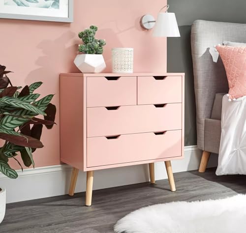 GFW Nyborg 2+2 Drawer Chest of Drawers, Coral Pink Scandi Bedroom Storage Unit with Wooden Legs and Cut-Out Handles