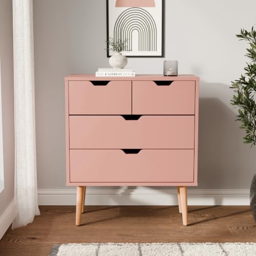 GFW Nyborg 2+2 Drawer Chest of Drawers, Coral Pink Scandi Bedroom Storage Unit with Wooden Legs and Cut-Out Handles