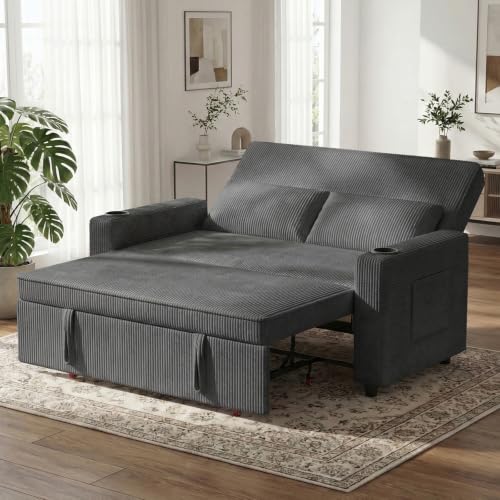 JUMMICO Pull-Out Sofa Bed, 2-Seater Convertible Sleeper Sofa with Adjustable Backrest, Modern Corduroy Loveseat Couch for Living Room, Bedroom and Apartment