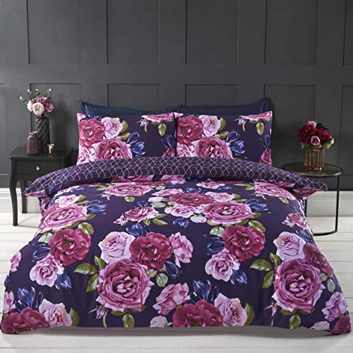 Rapport Floral Aubergine Purple Duvet Quilt Cover Bedding set with reversible geometric print (Double)
