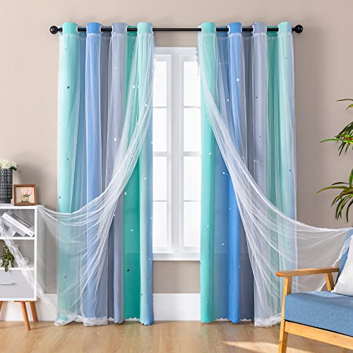 "XiDi Traumstern Blackout Curtain for Kids Room, Boys Room, Green Curtains for Bedroom Window, Blue and Grey, 52"" W x 63"" L"