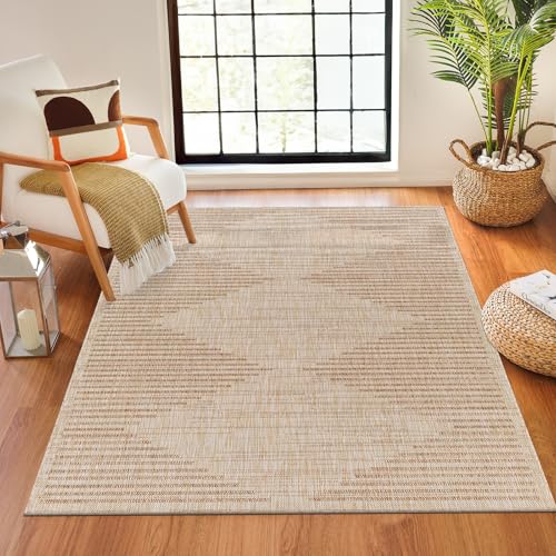Livabliss Ligaia Kercem Indoor Outdoor Rug - Large Boho Rugs for Living Room 120x170 cm Dining, Kitchen Carpet, Patterned Neutral and Coloured Rugs, Waterproof, Stain Durable - Tan, Cream, Beige