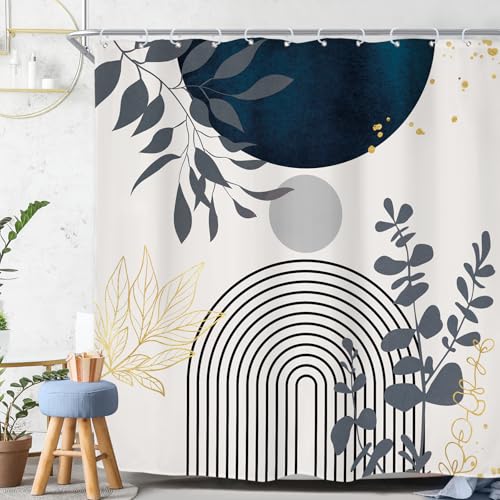 Riyidecor Navy Blue Boho Mid Century Shower Curtain for Bathroom Decor 72Wx72H Abstract Gold Leaves Minimalist Modern Geometric Arch Sun Art Printed Fabric Polyester Waterproof 12 Pack Plastic Hooks