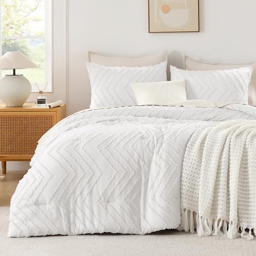 Andency White Oversized Super King Plus Boho Comforter Set 3 Pieces - Extra Large King Size Comforter Oversize Soft Warm Bedding Comforter Sets 128x120, Aesthetic Chevron Textured Bedding