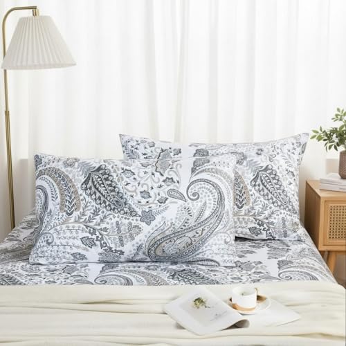 "Cozaline Standard Size Pillowcases Set of 2, 100% Cotton Pillow Cases, Grey Paisely Boho Pillow Covers, Soft Breathable Natural Pillow Case with Envelope Closure (Standard, 20""x26"")"