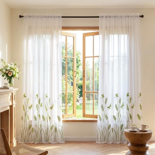 "Melodieux Wheat Embroidery Sheer Curtain Extra Wide for Living Room Patio Door, Farmhouse Floral Patterned Rod Pocket Voile Drape, Green Wheat/White Sheer, 100"" W x 96"" L, 1 Panel"