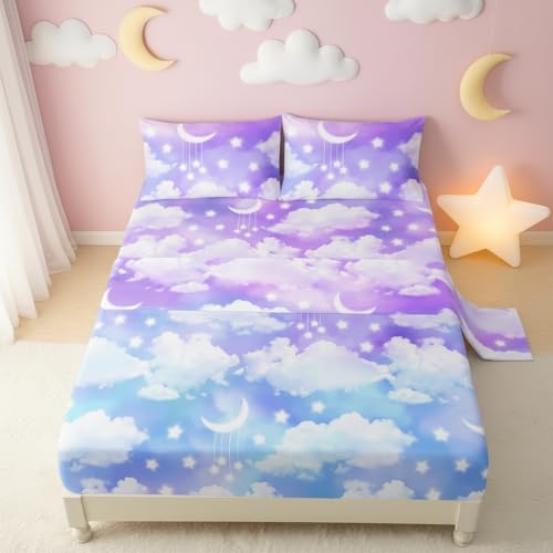 QOOMO Cartoon Cloud Kids Sheet Set Queen Size,Moon Stars Print Bedding Set Lightweight All Seasons for Room Decoration,1 Fitted Sheet,1 Flat Sheet,2 Pillow Cases