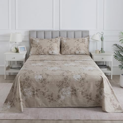 Puralens Warm Beige Vintage Floral Percale Sheets Queen 4Pcs, 100% Cotton Shabby Dark Floral Chic Bed Sheets, Soft Crisp Light Brown Flower Patterned Deep Pocket Sheet Set, Cottage Toile Bedding