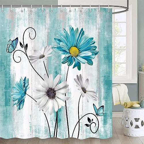 JAWO Teal Daisy Floral Flowers Bathroom Curtains, Farm Rustic Farmhouse and Butterfly on Country Wooden Shower Curtain, Turquoise Blue Shower Curtain with Hooks, 70X78 Inches
