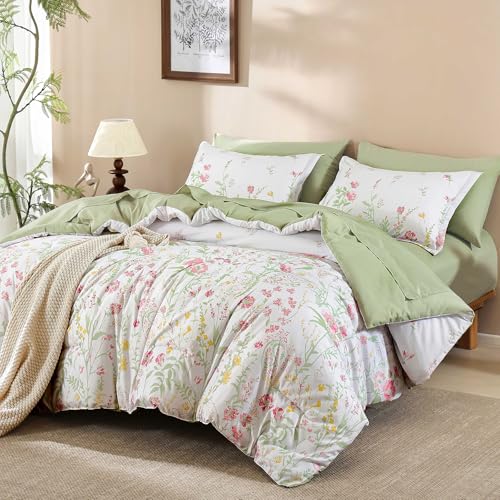 Yiran 7 Piece Pink Green Floral Comforter Set Queen Size, Cute Watercolour Botanical Comforter Bedding Set, Bed in a Bag Queen, Soft Microfiber Complete Bedding Set with Sheets for All Season