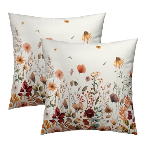 Fall Floral Throw Pillow Covers 18x18inch Set of 2 Autumn Flowers Harvest Pillowcase Wildflower Thanksgiving Farmhouse Seasonal Decorative Cushion Cases for Home Sofa Patio