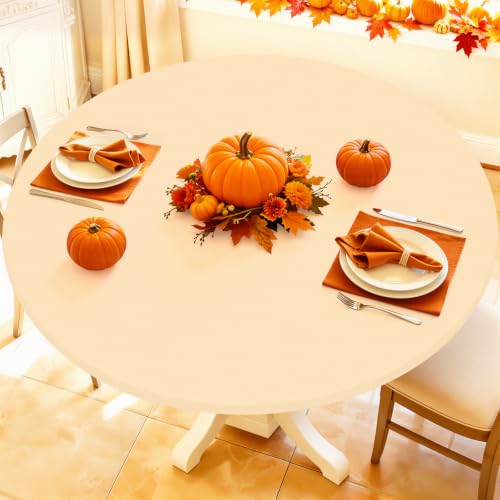 "Moosfor Spandex Round Tablecloth, Fitted Table Cloth for 42""-50"" Tables - Elastic Outdoor Picnic Table Cover, Circle Stretch Waterproof Table cloths for Patio, Dining, Kitchen, Ivory"