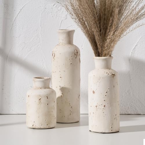 SIDUCAL Rustic Lime Bleached Terracotta Ceramic Vase Set of 3 for Home Decor Living Room Shelf Fireplace (Rustic White)