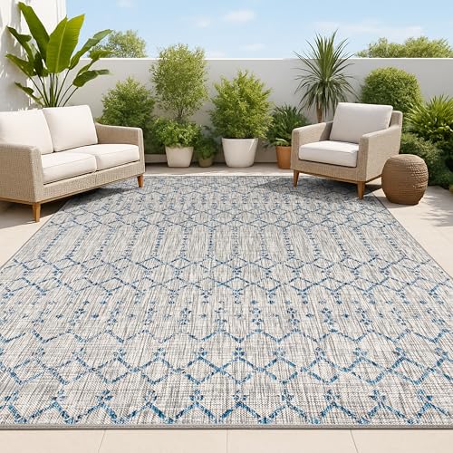 JONATHAN Y SMB108A-8 Ourika Moroccan Geometric Textured Weave Indoor Outdoor Area Rug, Bohemian, Sc&inavian Easy Clean, Bedroom, Kitchen, Backyard, Patio, Non Shed, Light Gray/Navy, 240 cm X 300 cm